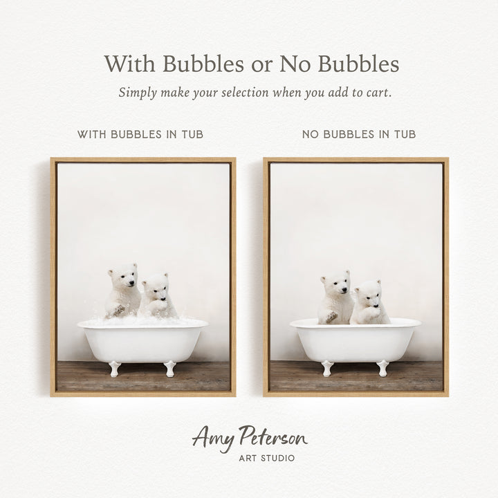 The image is a collage of two pictures, each featuring a white polar bear sitting in a white bathtub. The first picture shows the polar bear sitting in the tub with bubbles, while the second picture shows the polar bear sitting in the tub without bubbles. The text above the images reads "With Bubbles or No Bubbles Simply make your selection when you add to cart."