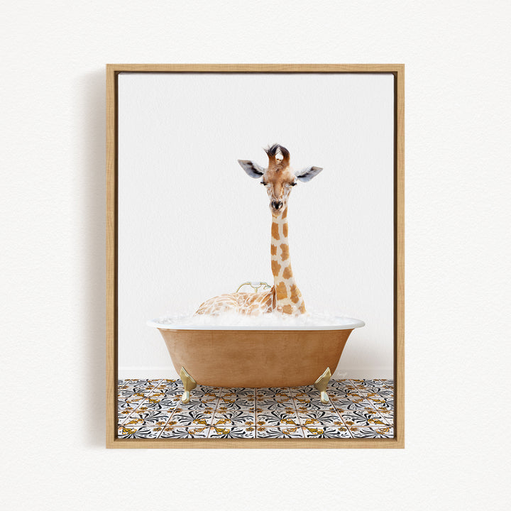 A giraffe is sitting in a bathtub filled with water, creating a whimsical and playful scene.