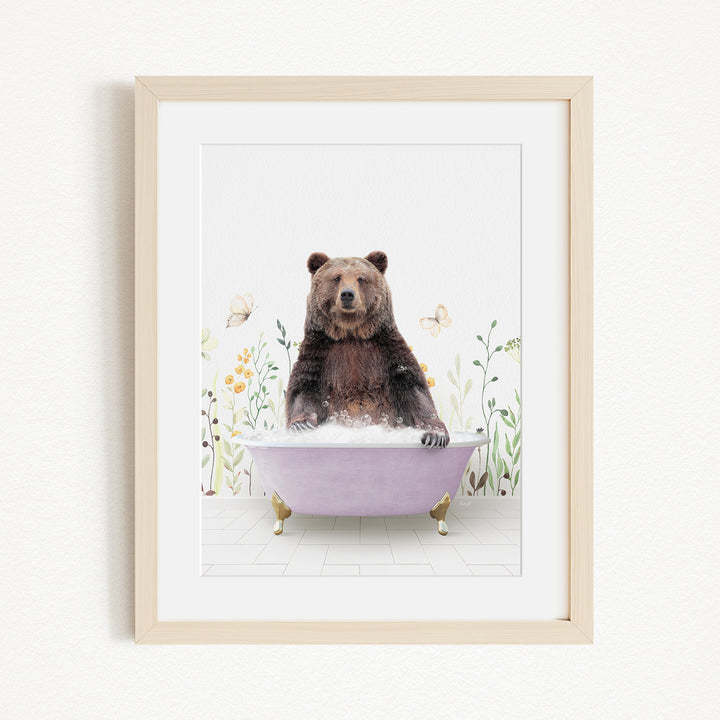 A brown bear sitting in a purple bathtub filled with bubbles, surrounded by flowers and butterflies.