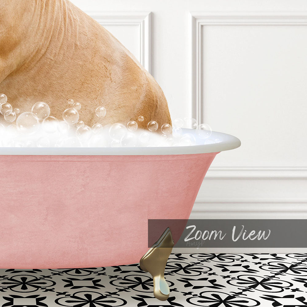 A pink bathtub filled with bubbles, with a dog standing inside and enjoying the bath.