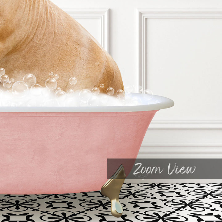 A pink bathtub filled with bubbles, with a dog standing inside and enjoying the bath.