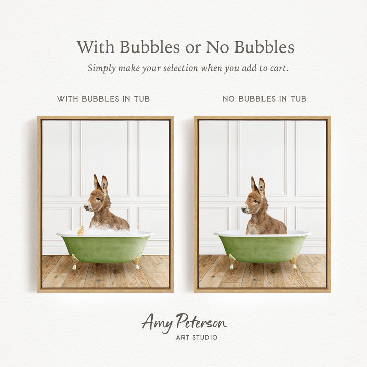 The image is a collage of two pictures, each featuring a donkey in a bathtub. The donkey in the bathtub has bubbles, while the donkey in the other bathtub does not have bubbles. The collage is titled "With Bubbles or No Bubbles" and is created by Amy Peterson from Art Studio.