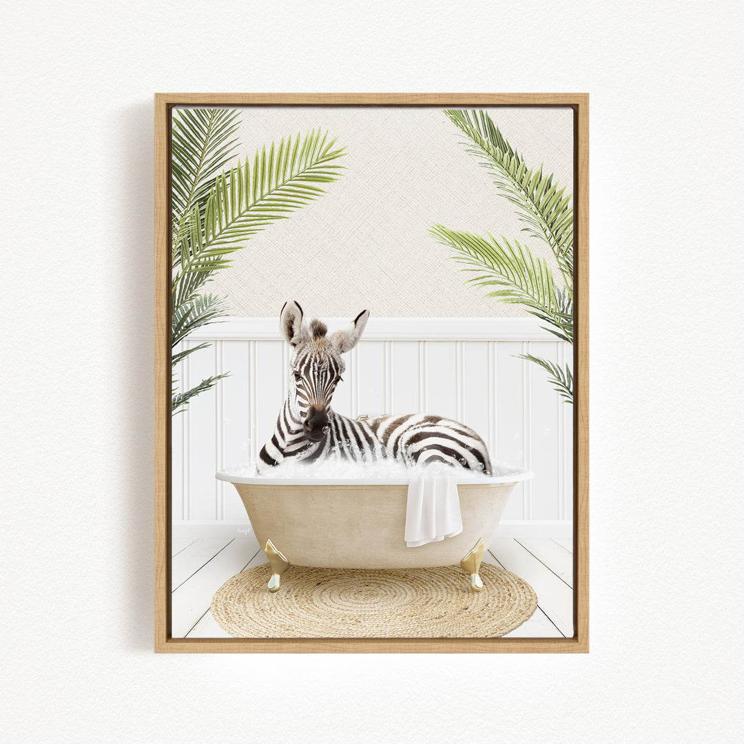 A zebra is sitting in a bathtub filled with water, surrounded by palm leaves, creating a whimsical and playful scene.