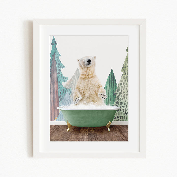 A polar bear sitting in a green bathtub, surrounded by a snowy landscape with trees and mountains in the background.