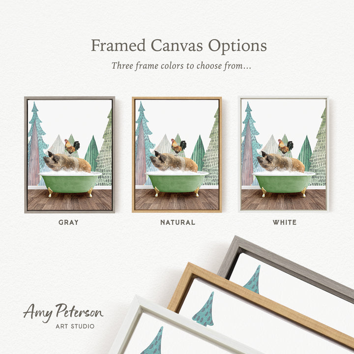 The image is a framed canvas option showcasing three different color options for a painting of a dog in a bathtub, with a forest scene in the background.