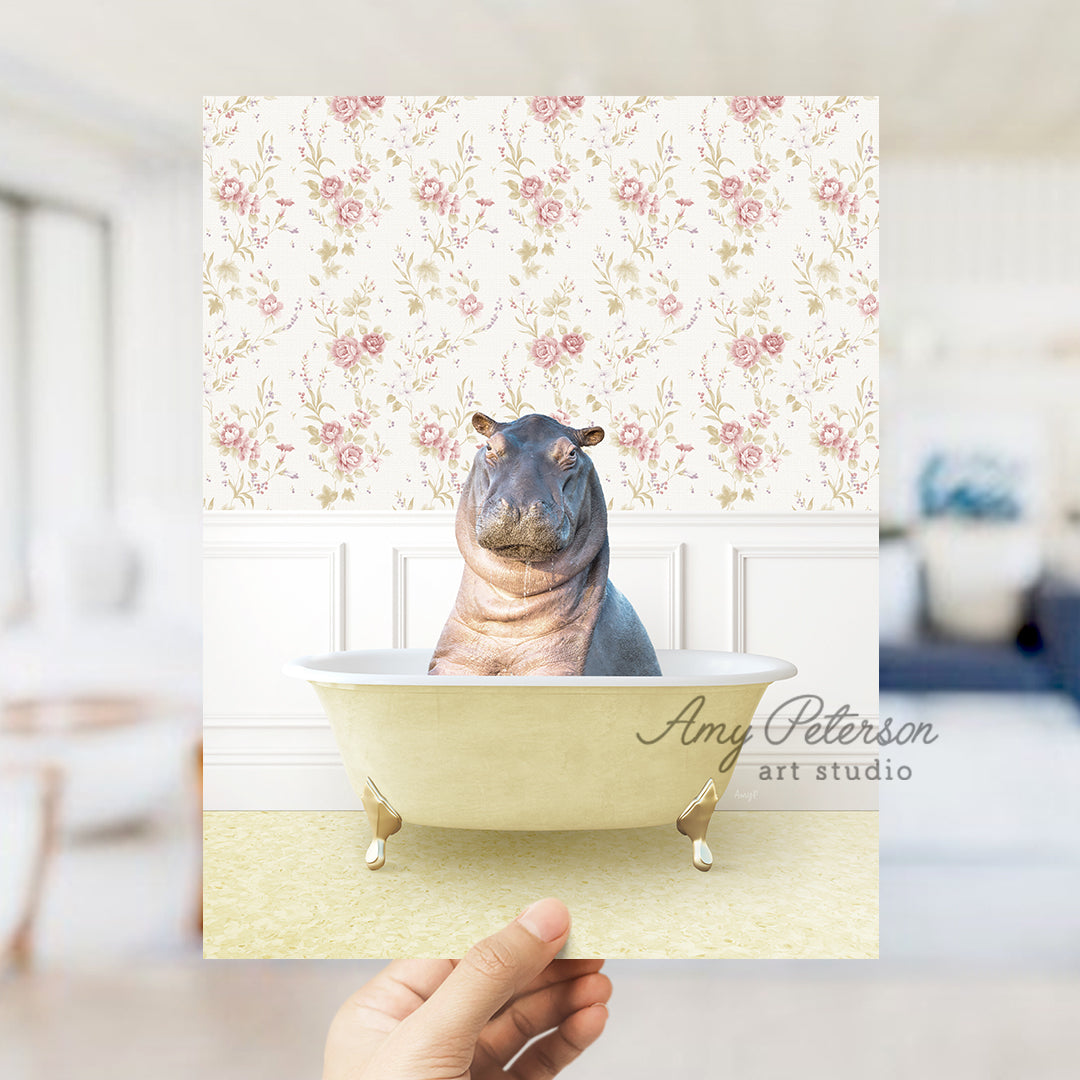 a hippo sitting in a bathtub with a flowered wallpaper behind it