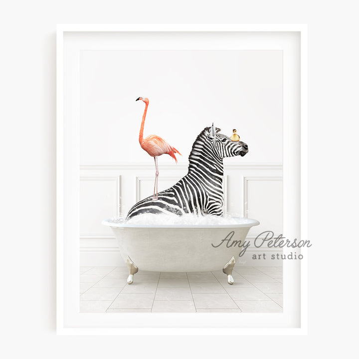 a zebra and a flamingo are sitting in a bathtub