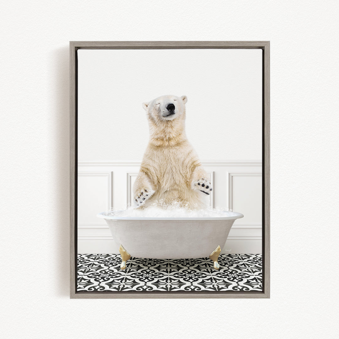 A polar bear standing in a white bathtub filled with bubbles, with its paws raised in the air.