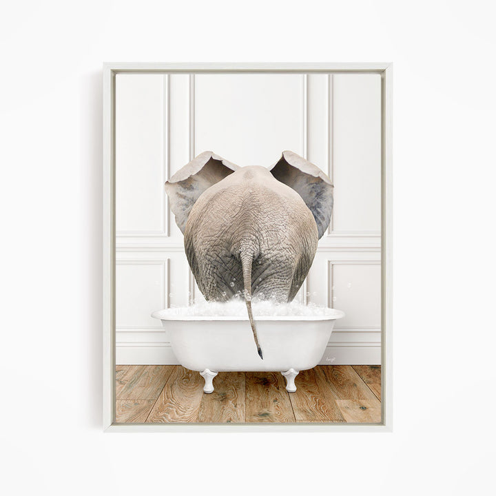 A gray elephant is standing in a white bathtub filled with water, with its back turned to the viewer.