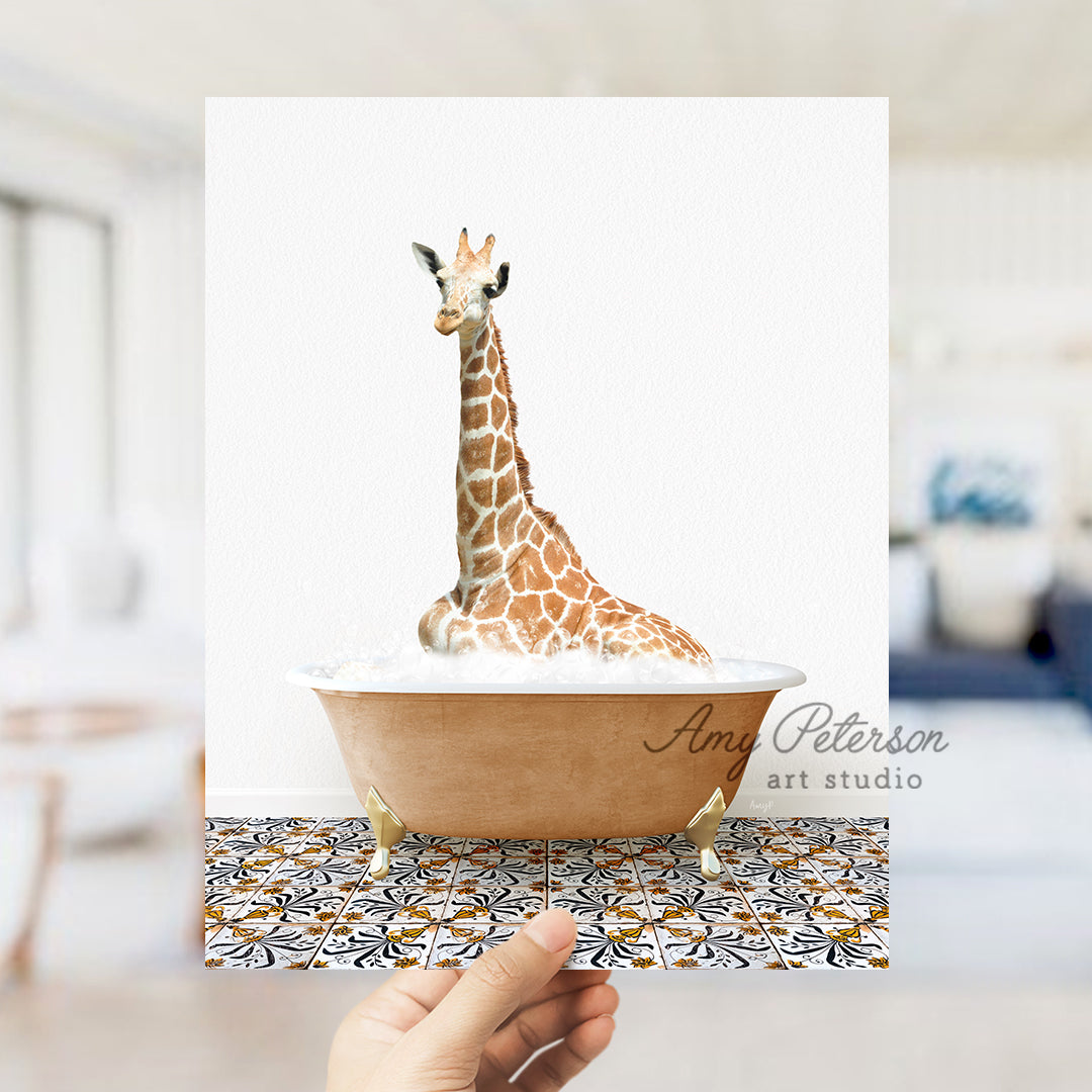 a giraffe sitting in a bathtub on a table