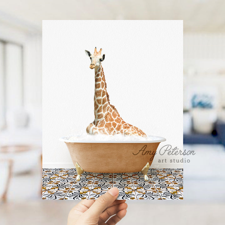 a giraffe sitting in a bathtub on a table