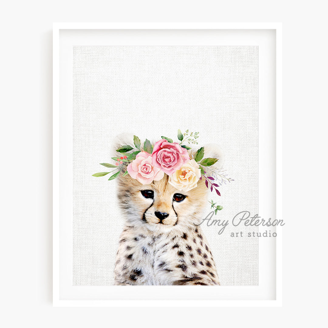 a picture of a cheetah wearing a flower crown