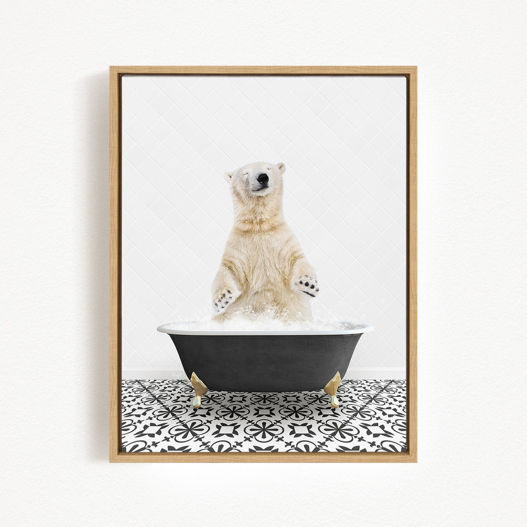 A polar bear standing in a bathtub filled with water, with its paws raised in the air.
