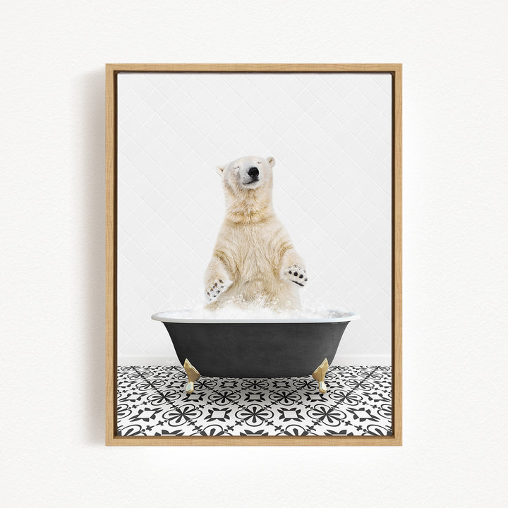 A polar bear standing in a bathtub filled with water, with its paws raised in the air.