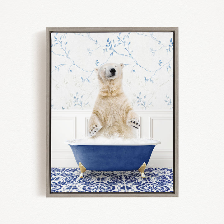A polar bear standing in a blue bathtub filled with water, surrounded by a patterned tile floor.