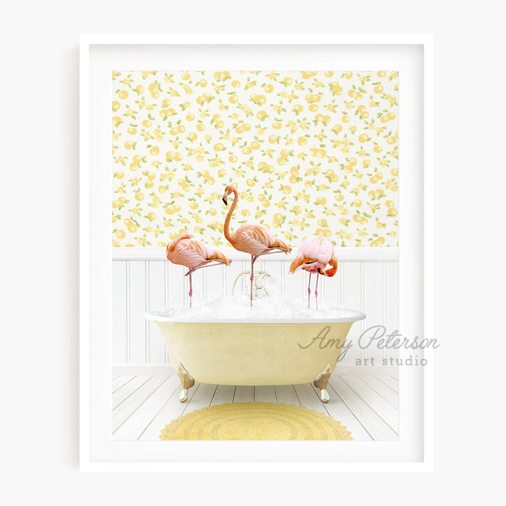 three flamingos standing in a bathtub in a bathroom