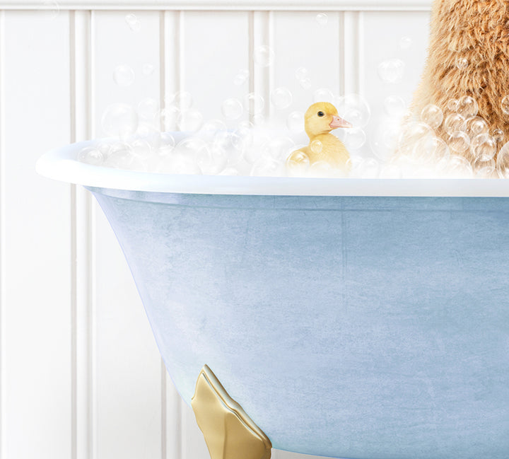 a dog sitting in a bathtub with bubbles in it