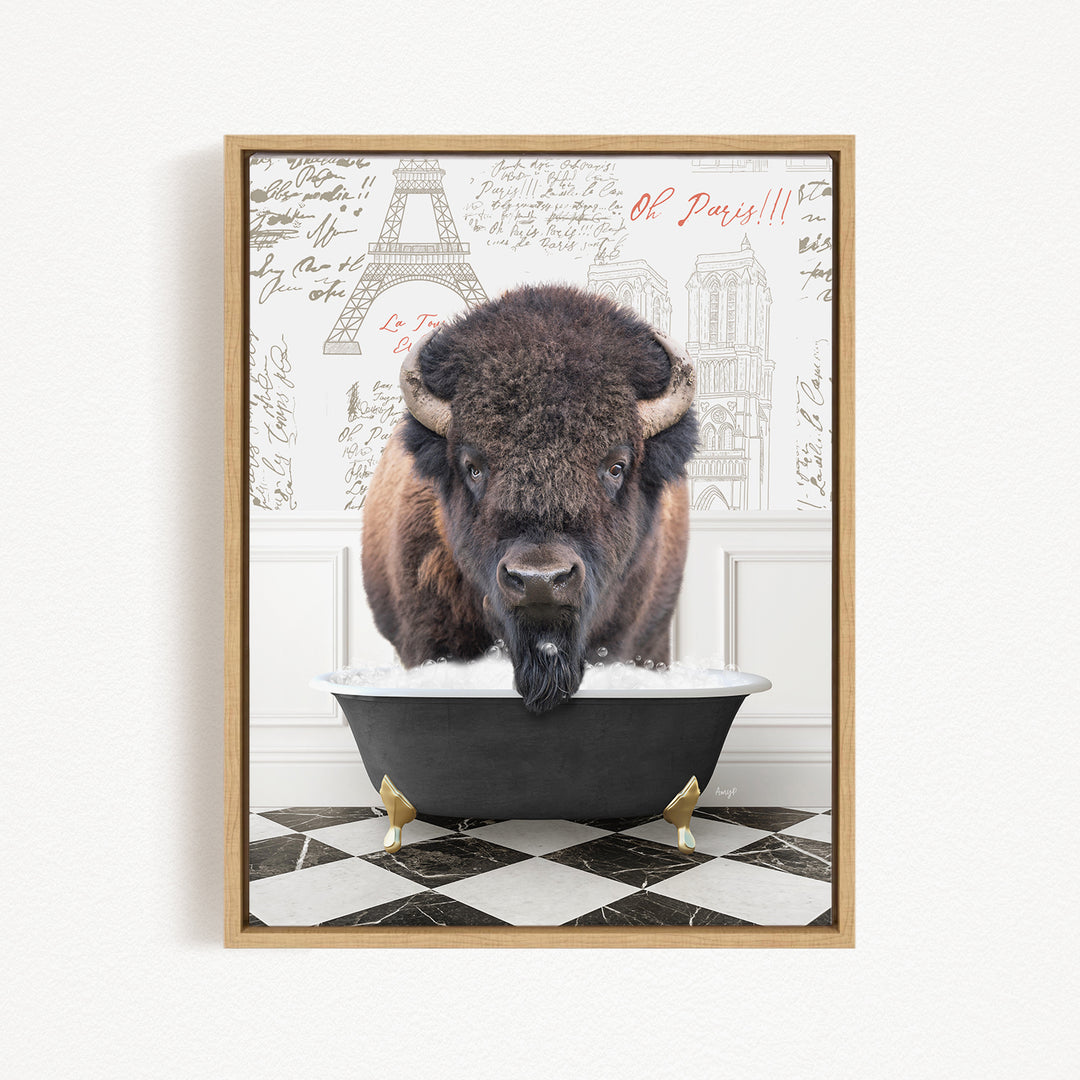 A buffalo standing in a bathtub filled with water, with a Paris-themed background behind it.