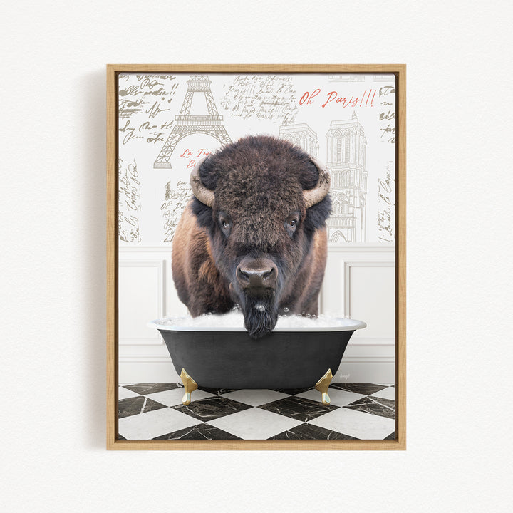 A buffalo standing in a bathtub filled with water, with a Paris-themed background behind it.