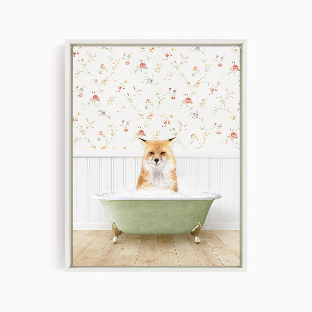 A fox is sitting in a green bathtub filled with water, surrounded by a floral wallpaper.