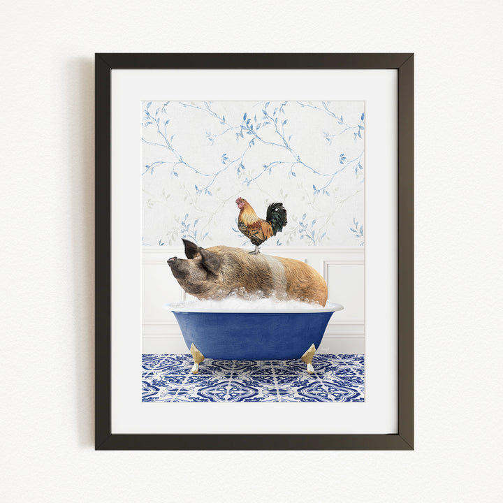 A rooster sits atop a pig in a blue bathtub, surrounded by a blue and white patterned floor.