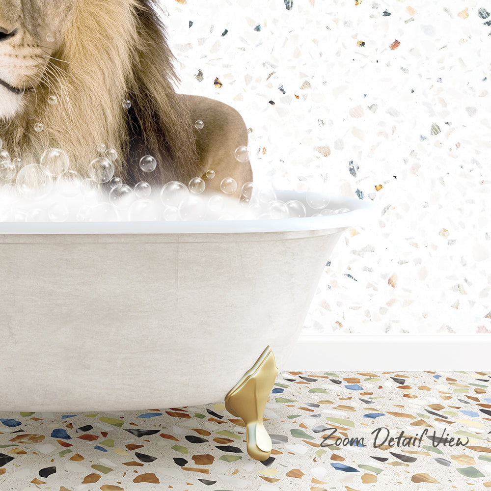 A lion is sitting in a bathtub filled with bubbles, surrounded by a mosaic floor.