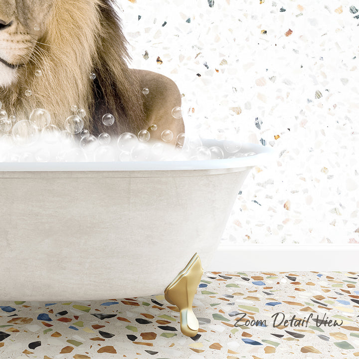 A lion is sitting in a bathtub filled with bubbles, surrounded by a mosaic floor.