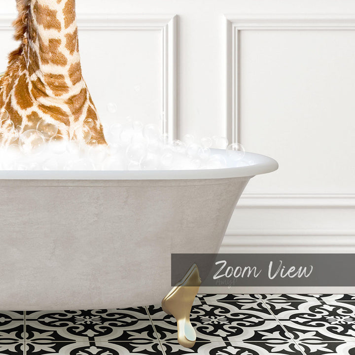 A giraffe standing in a bathtub filled with bubbles, with a text overlay that reads "Zoom View".