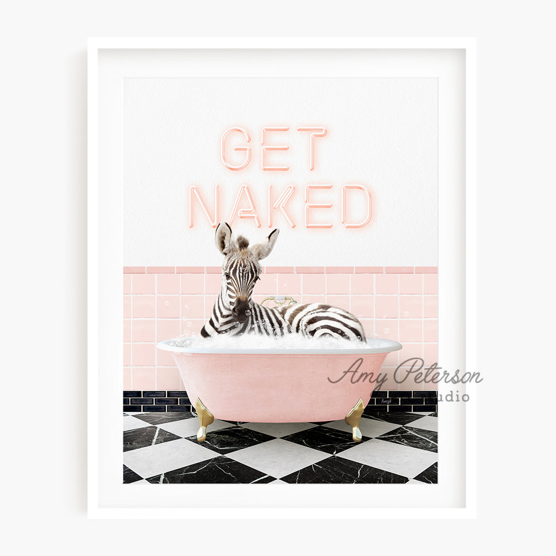 a zebra laying in a bathtub with the words get naked above it