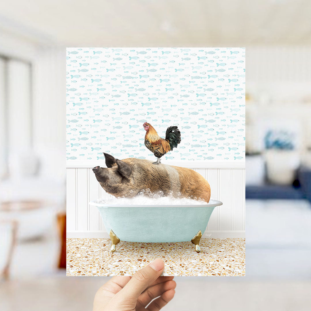 A hand holds up a collage of two images: a pig sitting in a bathtub with a rooster perched on its back, and a chicken standing on the pig's back.