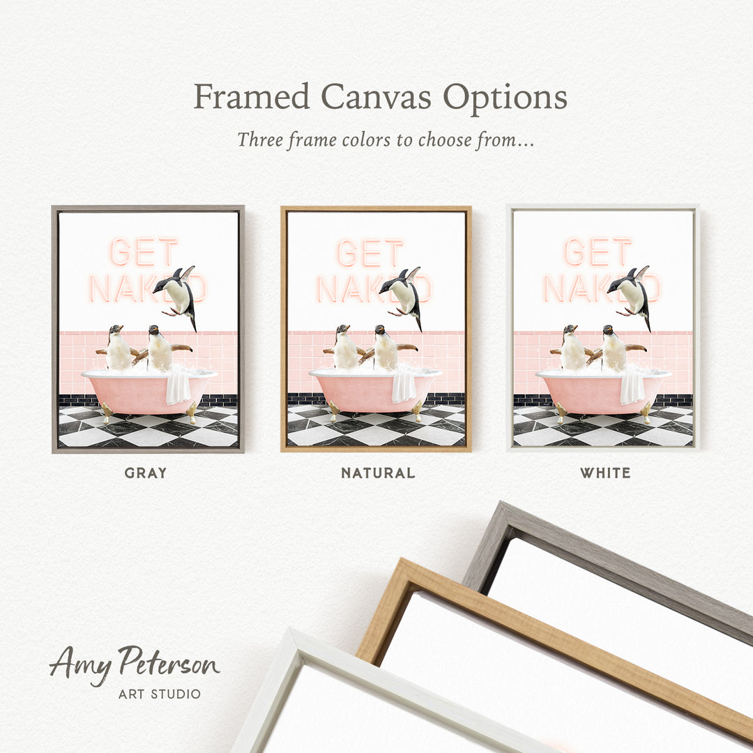 three framed canvas options, each featuring a different color and frame style. The options include a gray frame with a pink bathtub and penguins, a natural frame with a pink bathtub and penguins, and a white frame with a pink bathtub and penguins.
