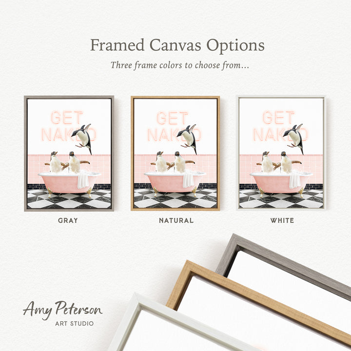 three framed canvas options, each featuring a different color and frame style. The options include a gray frame with a pink bathtub and penguins, a natural frame with a pink bathtub and penguins, and a white frame with a pink bathtub and penguins.
