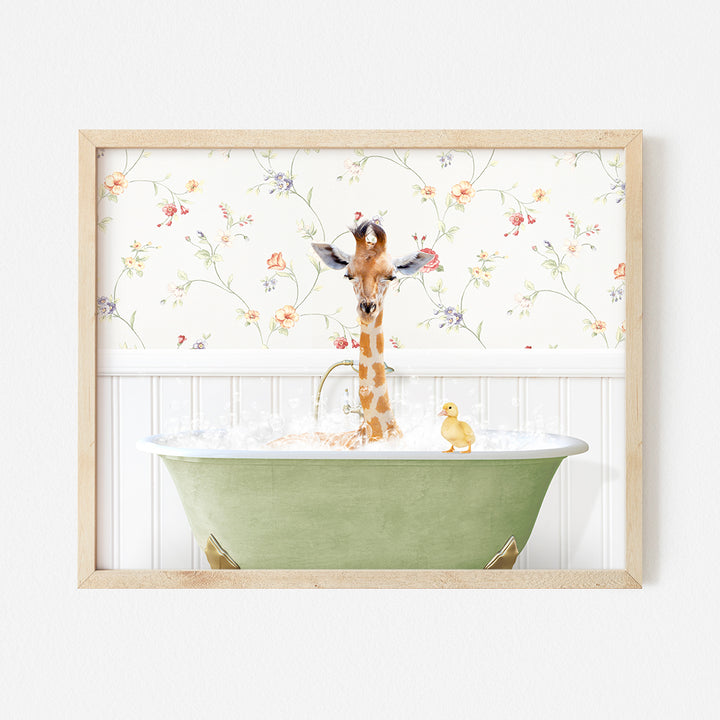 a giraffe in a bathroom with a green bathtub