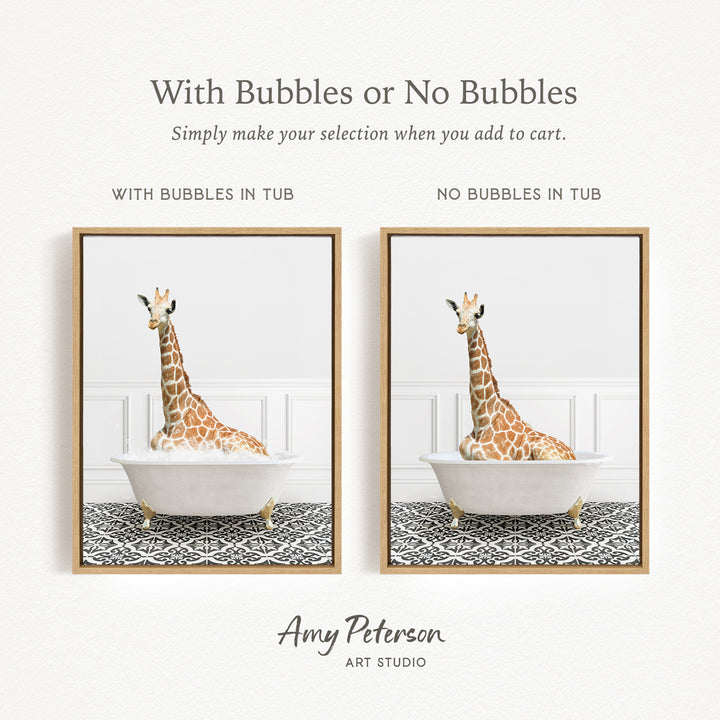The image is a framed print featuring a giraffe sitting in a bathtub, with the text "With Bubbles or No Bubbles" above the images.