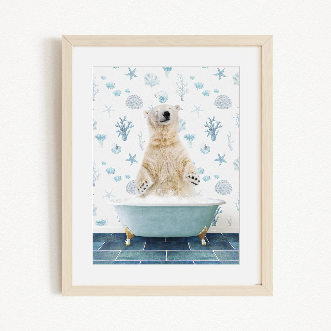 A polar bear sitting in a bathtub filled with bubbles, surrounded by a blue and white patterned wall.