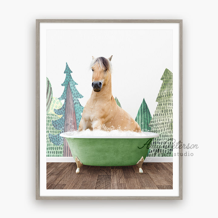 a brown horse sitting in a green bath tub