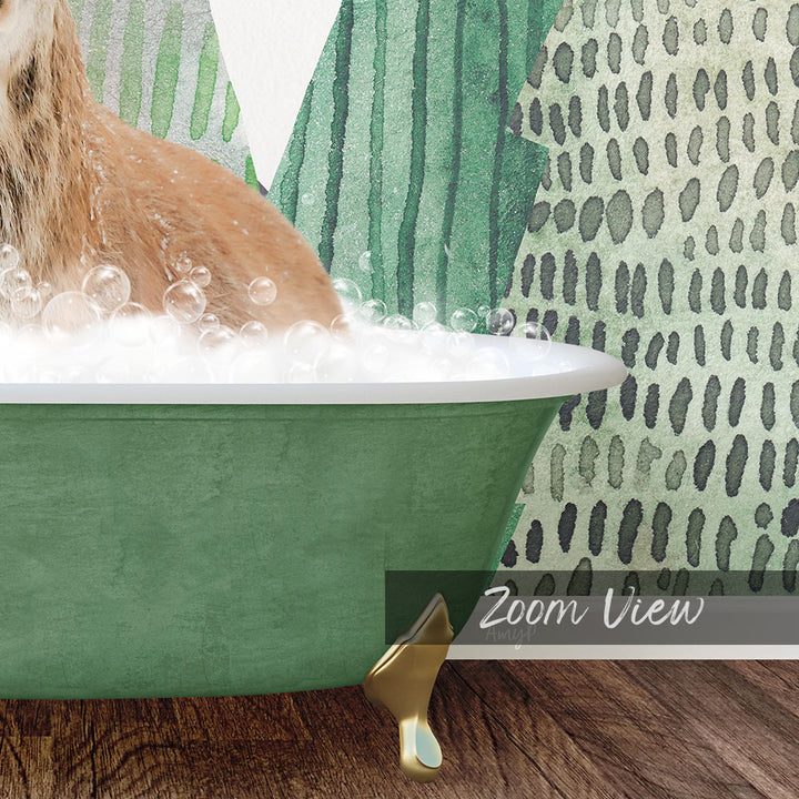 A cat is sitting in a green bathtub filled with bubbles, with a patterned wall in the background.