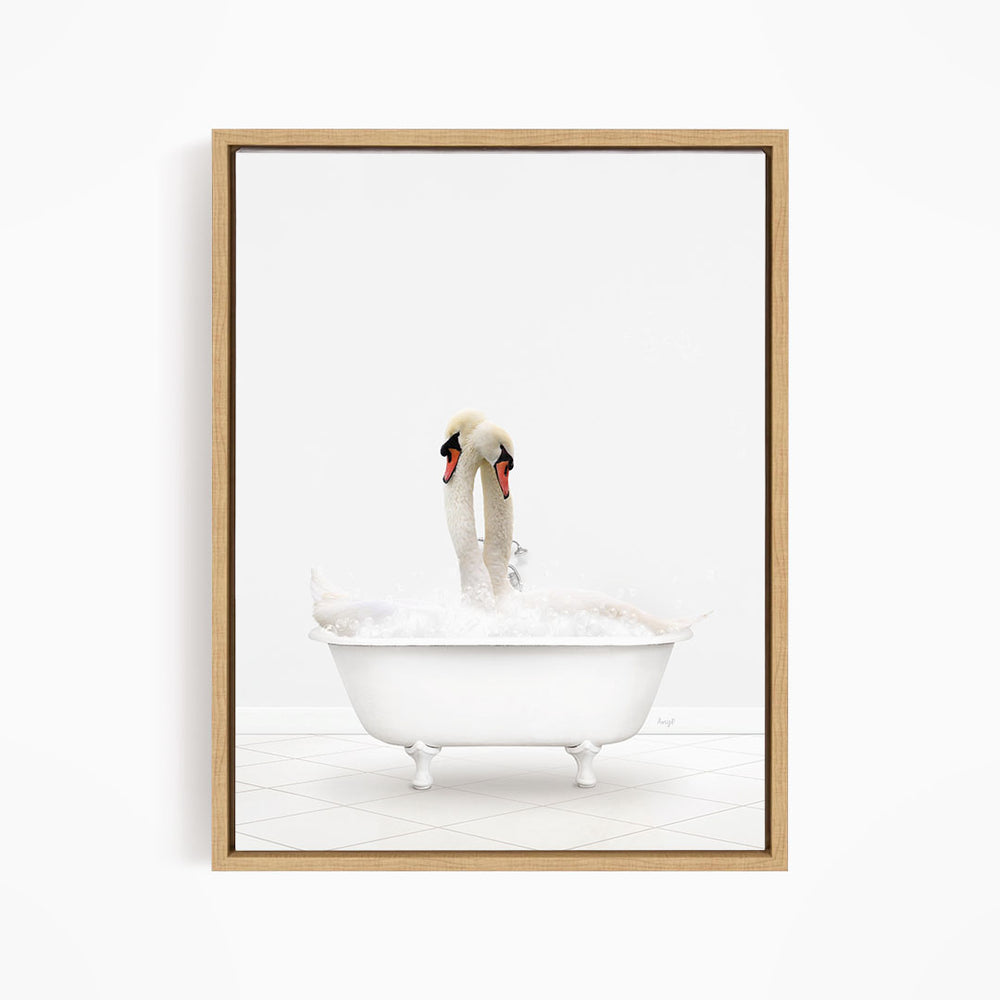 A white swan standing in a white bathtub filled with bubbles.