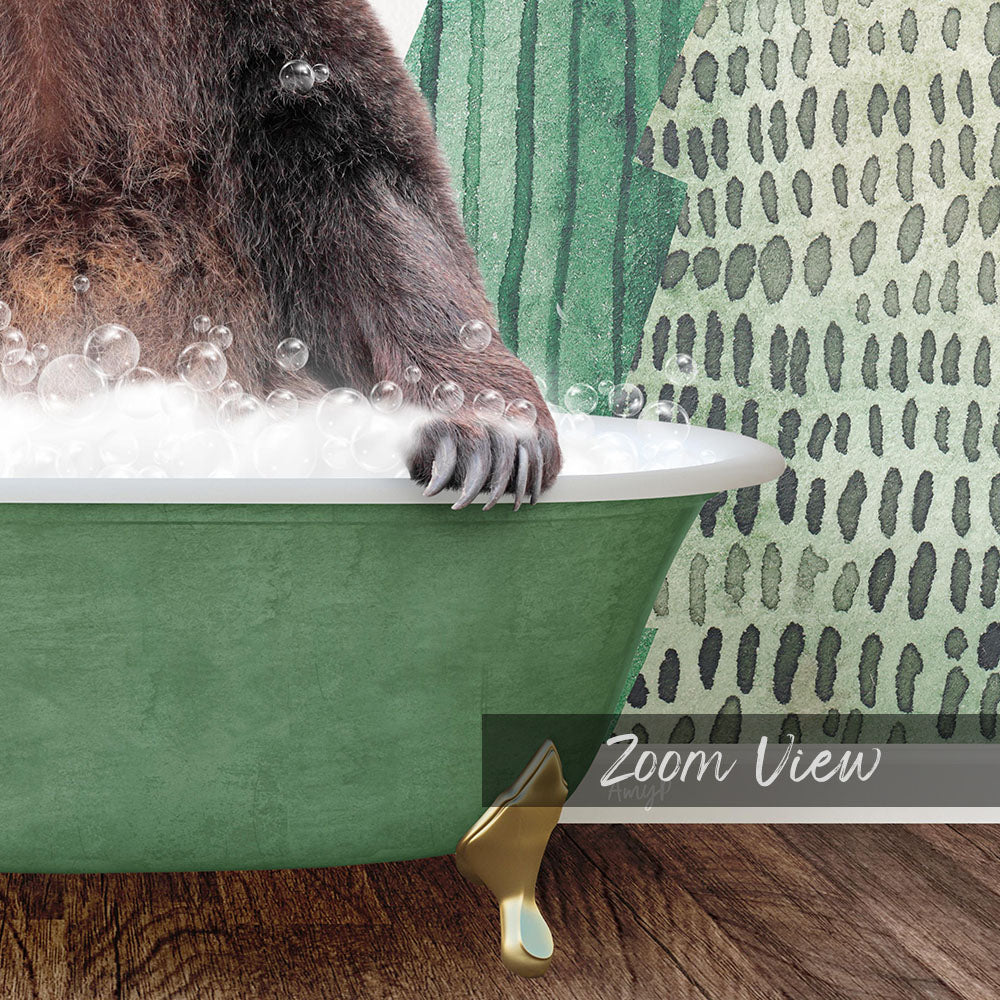 A close-up of a bear's paw resting on the edge of a green bathtub filled with bubbles, with a patterned wall in the background.