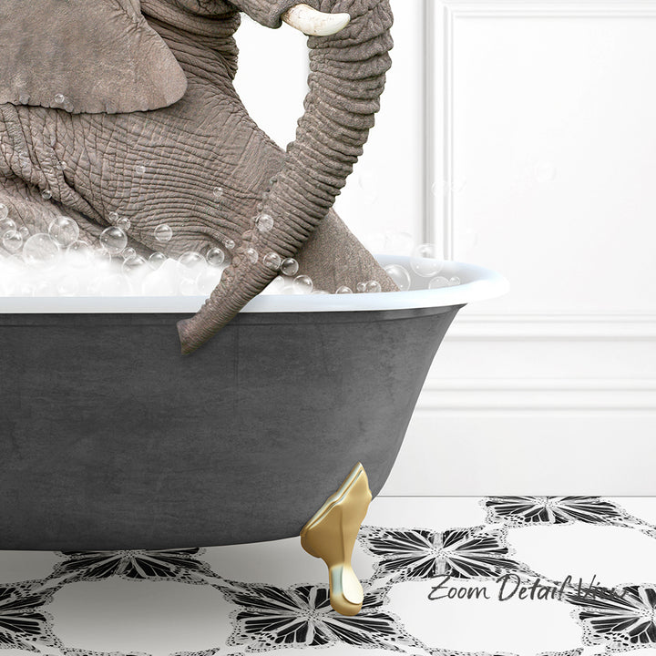 A large elephant is sitting in a bathtub filled with bubbles, with its trunk submerged in the water.