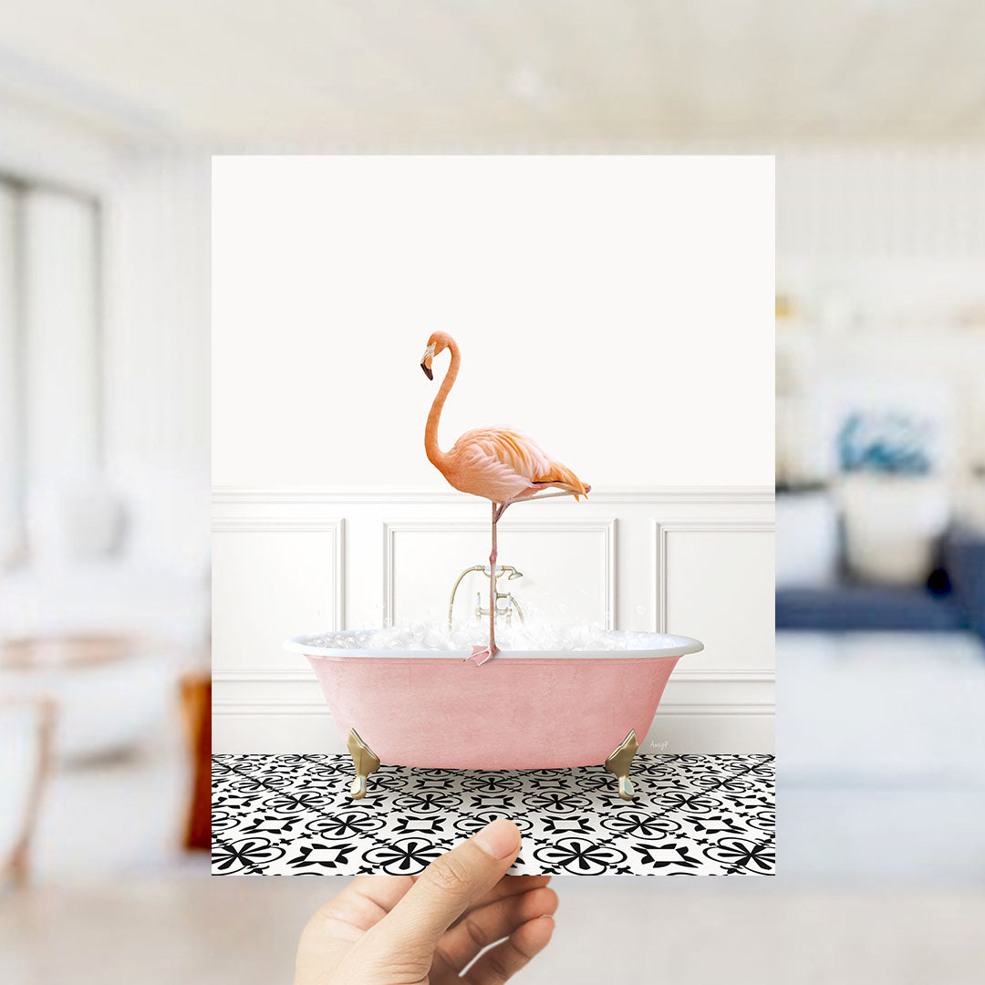 A pink flamingo standing on a pink bathtub filled with water, set against a white wall with a black and white patterned floor.