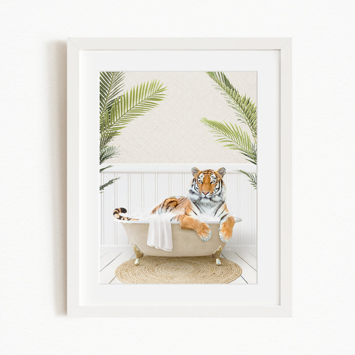 A tiger is sitting in a bathtub filled with water, surrounded by palm leaves, creating a whimsical and playful scene.