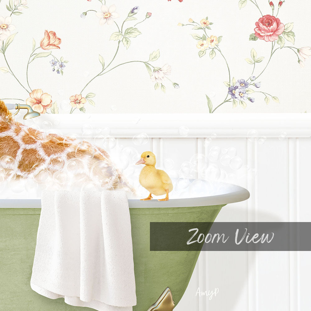 A giraffe is taking a bath in a green bathtub, with a yellow duck sitting on the edge of the tub. The background features a floral wallpaper.