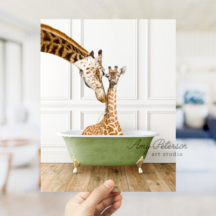 a giraffe sticking its head into a bathtub with another giraffe