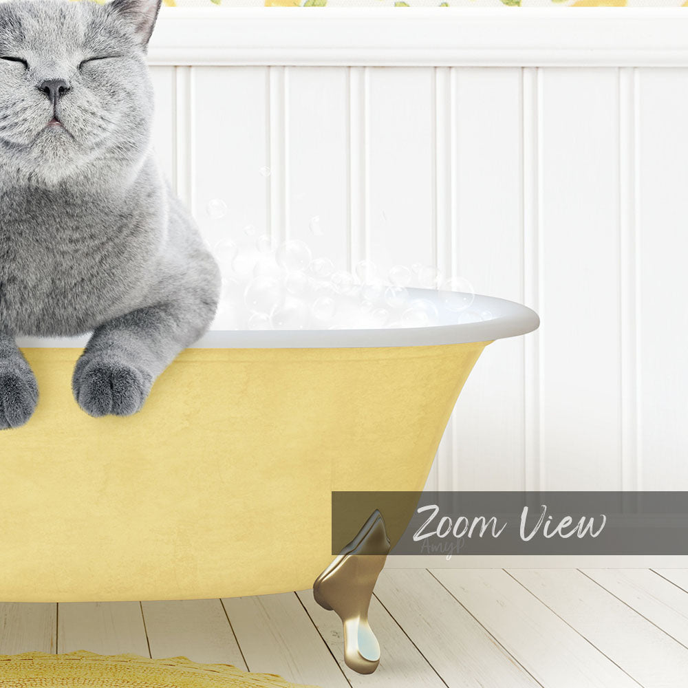 A gray cat sitting in a yellow bathtub, with its eyes closed and appearing to be enjoying the bath.