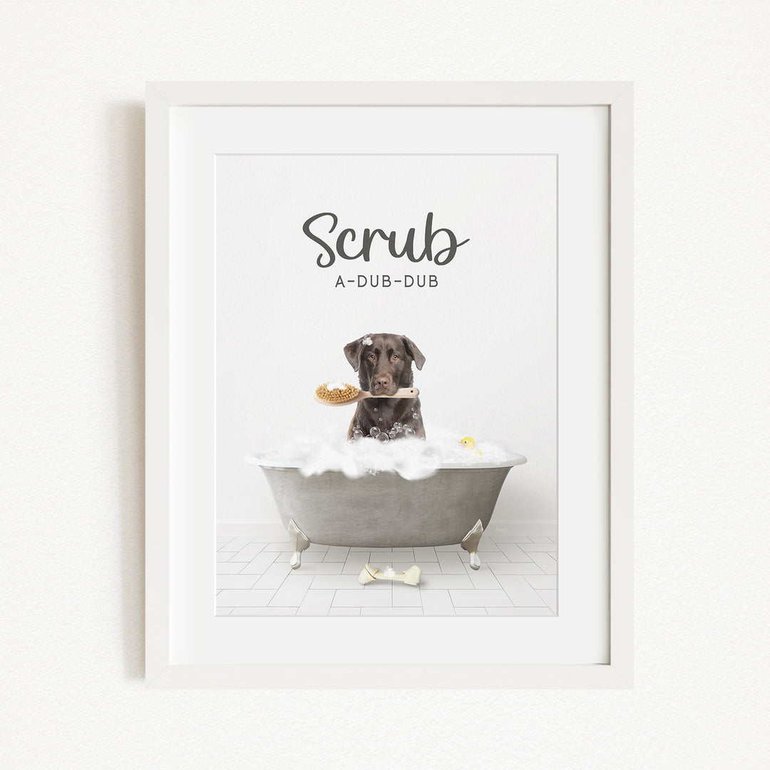 A dog sitting in a bathtub, holding a toothbrush in its mouth, with the text "Scrub A-DUB-DUB" above the image.
