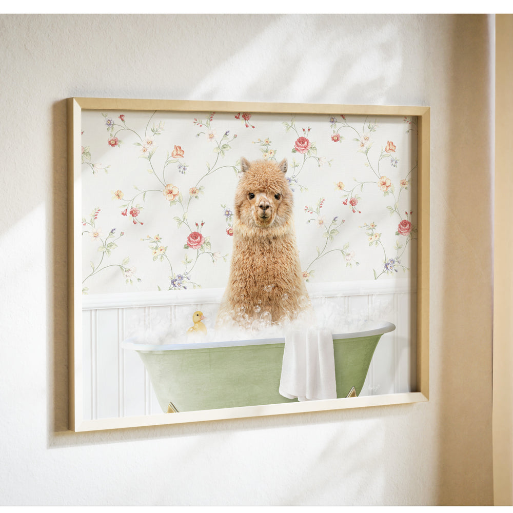 A brown alpaca sitting in a green bathtub filled with bubbles, surrounded by a floral wallpaper.
