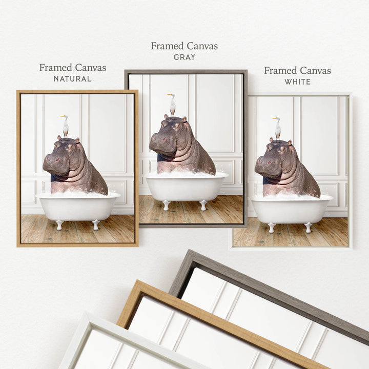 three framed pictures of a hippopotamus sitting in a bathtub, each with a different colored frame.