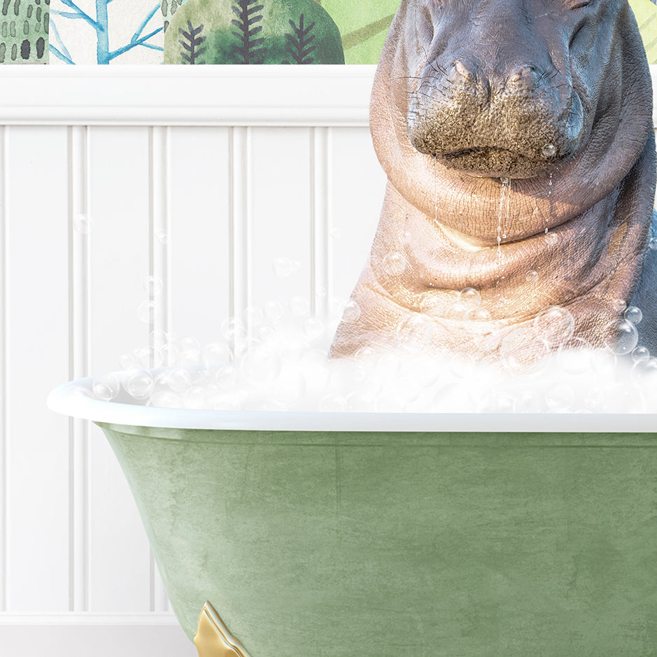 a hippopotamus sitting in a bathtub full of foam