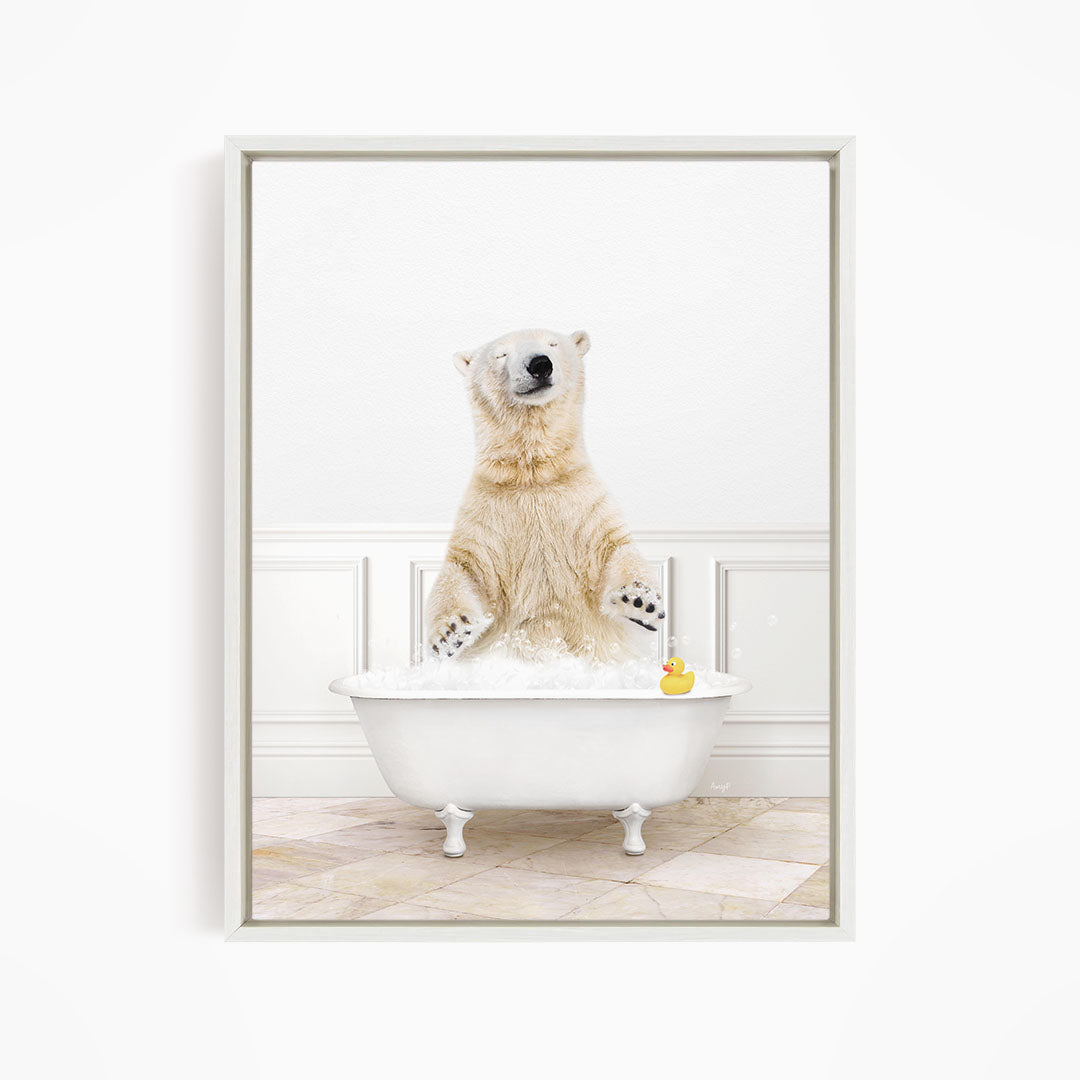 A polar bear standing in a white bathtub, with a rubber duck floating in the water.